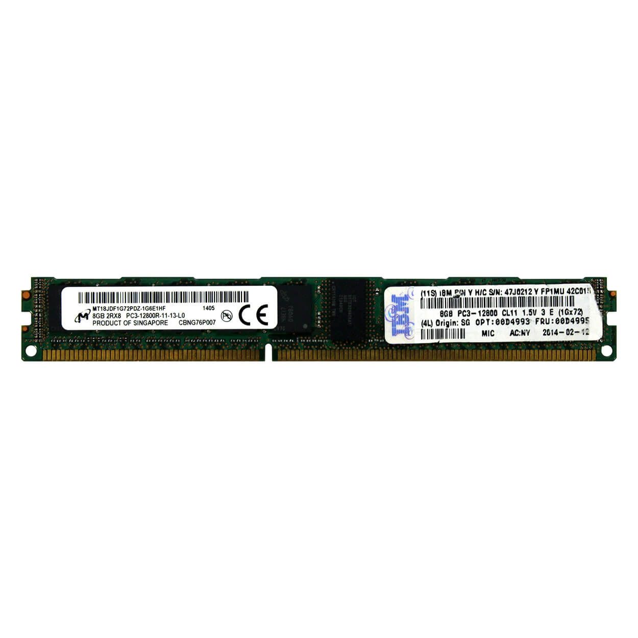 00D4993 IBM 8GB 1X8GB PC3-12800 DdDR Ecc 1600MHz Vlp Rdimm 2x8 1.5v Cl11. New Bulk Pack.